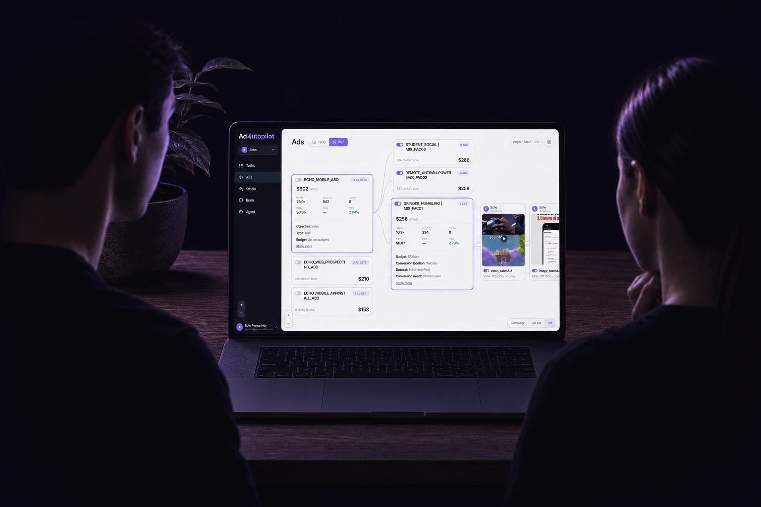 AdAutopilot's Ads view open on a laptop
